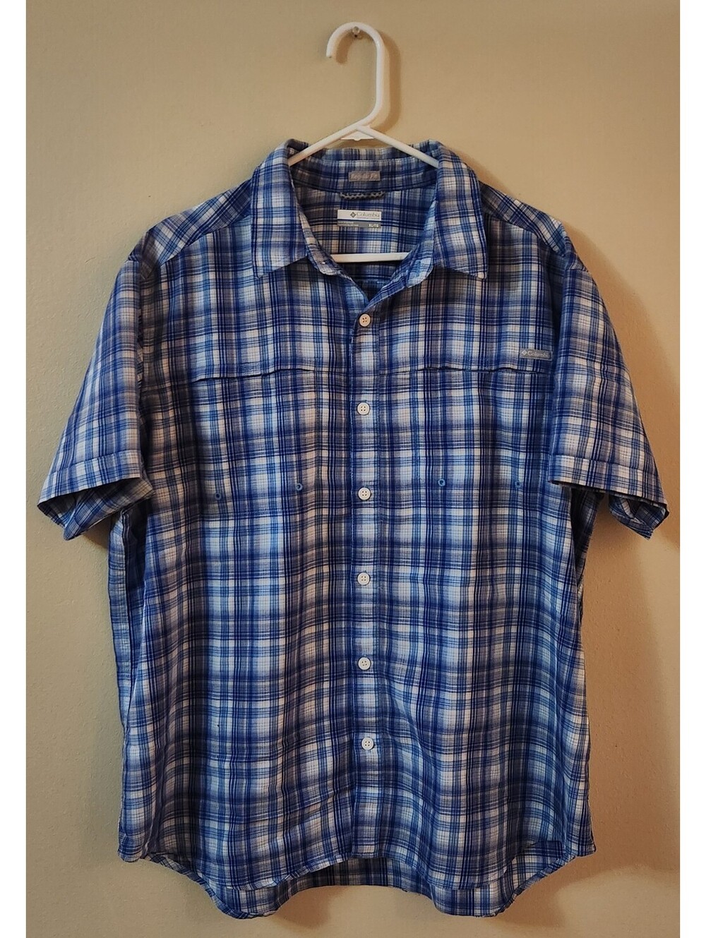 Vintage Columbia PFG Omni-Shade Shirt Men's XL Short Sleeve Plaid Blue Outdoor